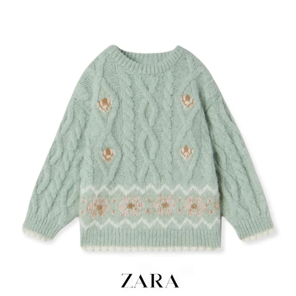 ZARA Kids | Sea Green | JACQUARD CABLE KNIT SWEATER